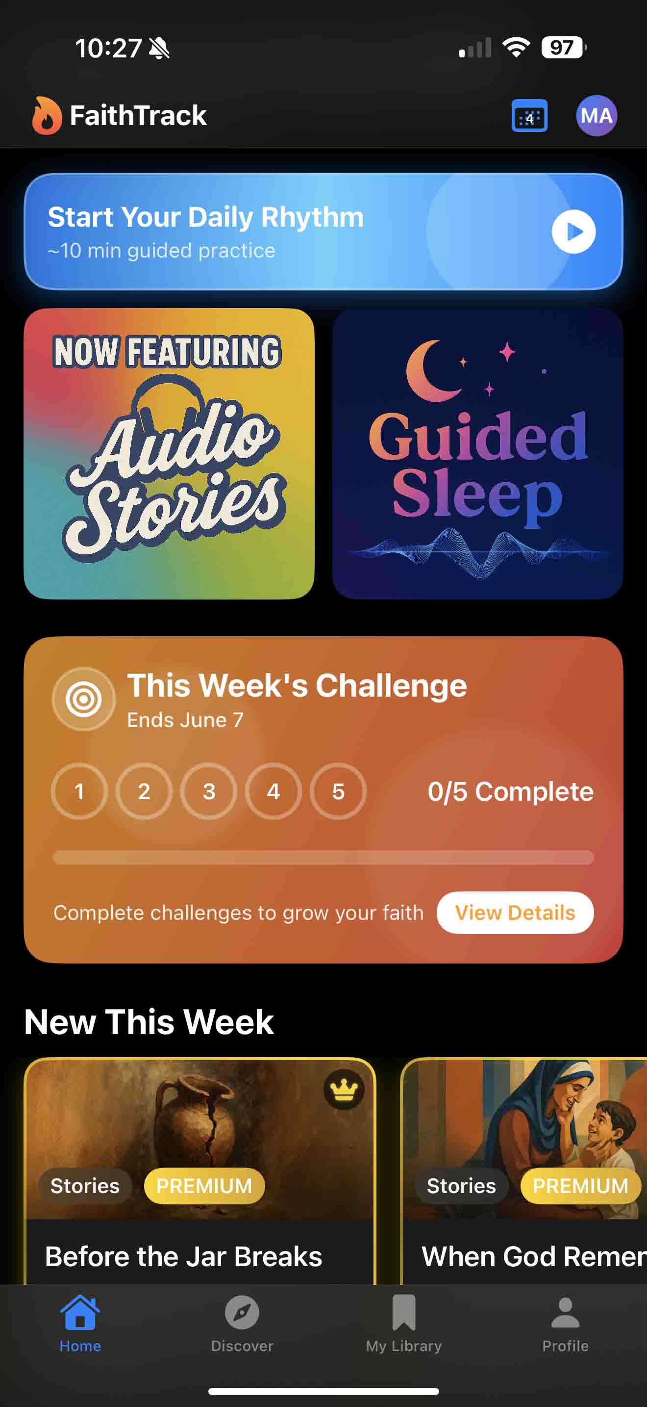 FaithTrack app home screen showing daily devotional and spiritual habits